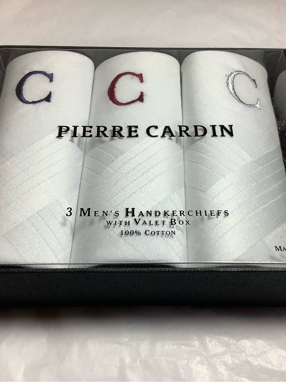 Pierre Cardin White Cotton Handkerchiefs with Blue, Red and Silver Monograms